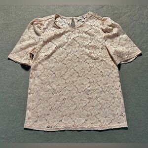 Chelsea28 Women’s Small Pink Floral Crochet Blouse Short Sleeve Casual